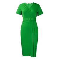 Vestido Elegante Para Oficina Para Mujer Con Cuello En V Manga Corta Cinturón Ajustado Recto Midi Formal Ropa De Negocios Para Mujer - details 37