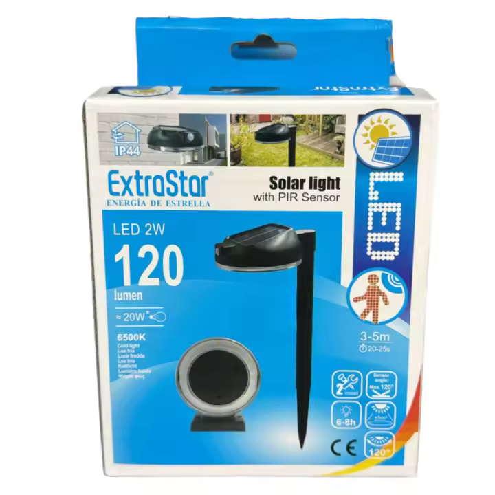 ExtraStar - Lámpara Solar LED con Sensor PIR  120 lúmenes  Iluminación Exterior 2W 6500K  Luz Día IP65  Seguridad y Ahorro Energético - 1