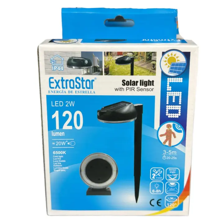 ExtraStar - Lámpara Solar LED con Sensor PIR  120 lúmenes  Iluminación Exterior 2W 6500K  Luz Día IP65  Seguridad y Ahorro Energético - 1