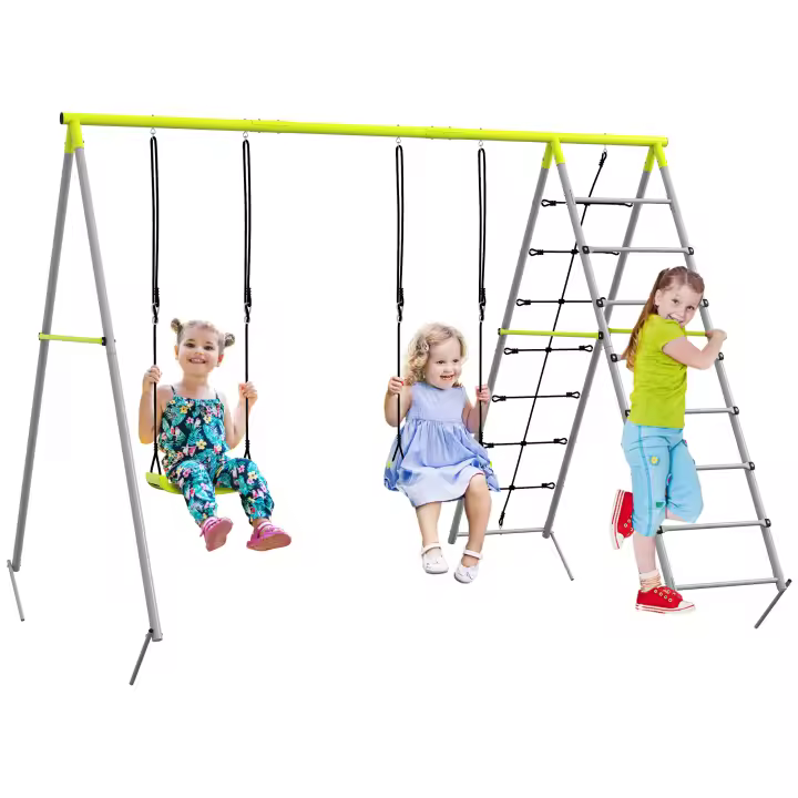 Outsunny Columpio para Niños Estructura de Columpio de Metal Estructura de Columpio con Doble Columpio Red de Escalada Escalera Columpio de Jardín para Niños de 3 a 8 Años Acero Verde - 1