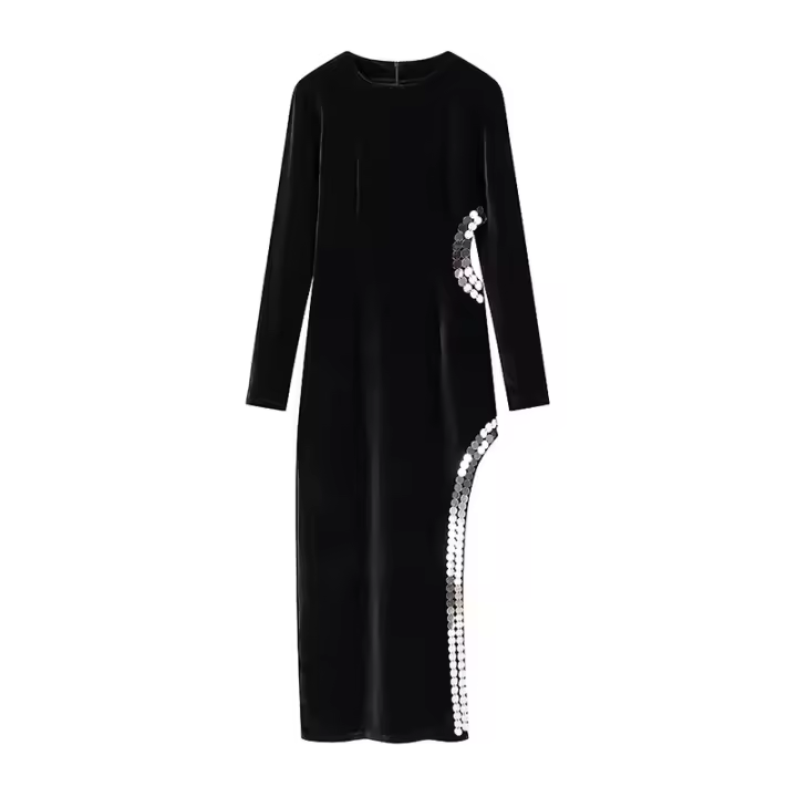 Nueva moda mujer Sexy vestido largo ajustado con abertura calada Club fiesta Maxi mujer Vintage negro Veet vestidos - 1