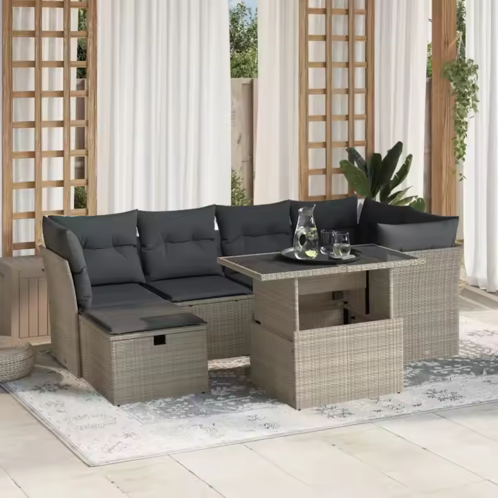 vidaXL Set de sofás de jardín 7 pzas con cojines ratán PE gris claro - 1