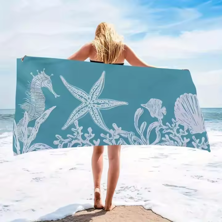 Toalla De Playa Antisandía Azul Estrellada Con Ondas De Verano Tela Microfibra Secado Rápido Láminas De Color Para Baño - 1