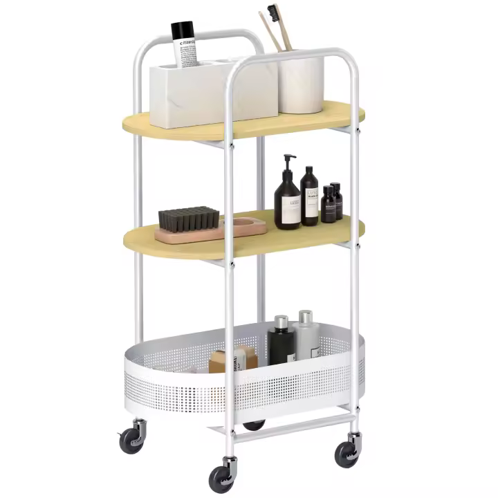 HOMCOM Carrito Auxiliar con Ruedas Carrito de Cocina de 3 Niveles Carro de Almacenamiento con Cesta y Estantes Carga 30 kg para Comedor Salón Dormitorio 49,5x32,5x82,5 cm Blanco y Madera Natural - 1