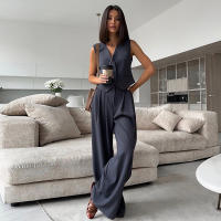 Conjunto de mujer, traje de señora para primavera y verano, chaleco sin mangas con cuello en V, pantalones wide-leg de corte relajado y caída fluida, conjunto casual. - details 6