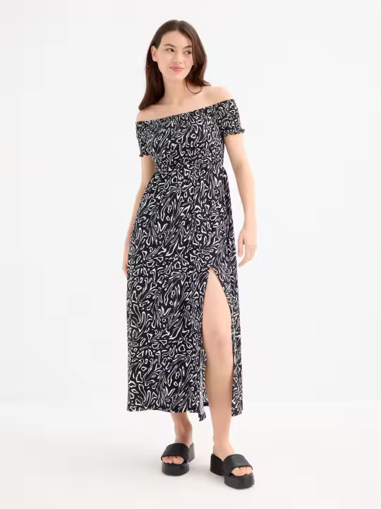 Vestido midi estampado con escote barco, mangas cortas y tejido suave que aporta fluidez INSIDE - 1