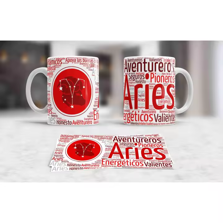 Taza Mug de Cerámica -030 Aries - Signos del Zodíaco - 350 ml - Apta para lavavajillas - 1