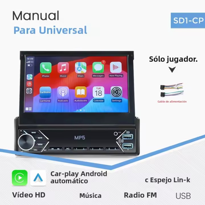 Reproductor Multimedia Carplay 1 Din 7'' Bluetooth Radio Retráctil Android Auto MP5 HD Stereo USB AUX CAM Para Coche Universal - 1