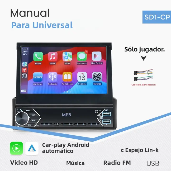 Reproductor Multimedia Carplay 1 Din 7'' Bluetooth Radio Retráctil Android Auto MP5 HD Stereo USB AUX CAM Para Coche Universal - 1