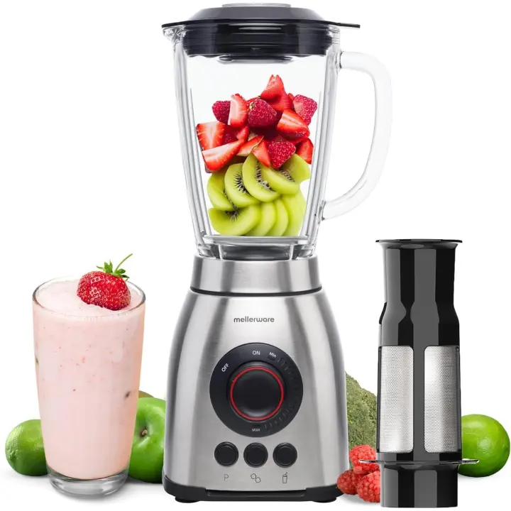Mellerware - Batidora de Vaso con Filtro Mixy Plus! 2000W  3 Velocidades + TURBO  Jarra de Vidrio 1.8L  Cuchillas 6 Hojas  Rompehielos  Licuado sin Grumos  Acero INOX  Apto para Lavavajillas - 1