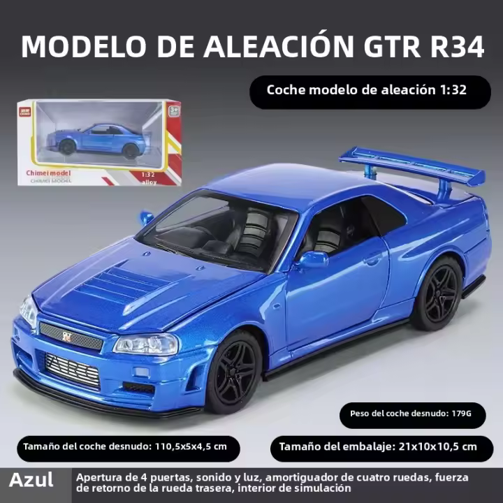 Modelo De Coche Deportivo GTR34 De 1:32 En Aleación De Metal Con Absorci\u00f3n De Choque De Cuatro Ruedas Luces Y Sonido Geniales Decoraciones De Escritorio - 1