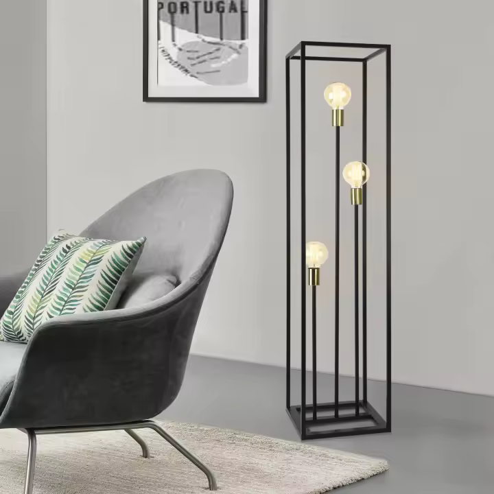 Lámpara de pie Groningen - 140 x 30 x 30 cm - Lámpara de diseño Con 3 Focos - Iluminación interior - 3 x E27 - Metal - Negro y Latón [lux.pro]® - 1