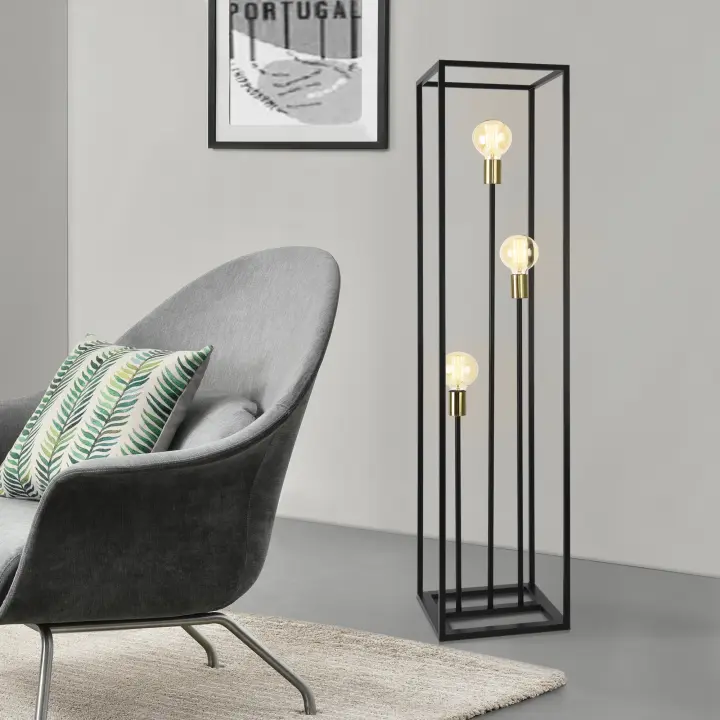 Lámpara de pie Groningen - 140 x 30 x 30 cm - Lámpara de diseño Con 3 Focos - Iluminación interior - 3 x E27 - Metal - Negro y Latón [lux.pro]® - 1