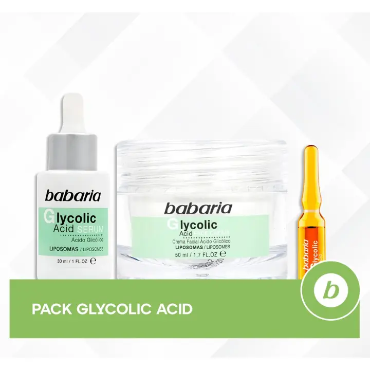 Babaria Pack Glycolic Acid: Crema Hidratante, Sérum Renovador y Ampollas Despigmentantes para una Piel Más Luminosa y Suave (5 unidades x 2ml) - 1