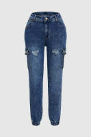 Jeans De Mujer Destrozados Con Estiramiento Y Cierre Elástico Pantalones Cargo Casual Con Multípocket De Cintura Media Y Pierna Delgada T16 - details 2