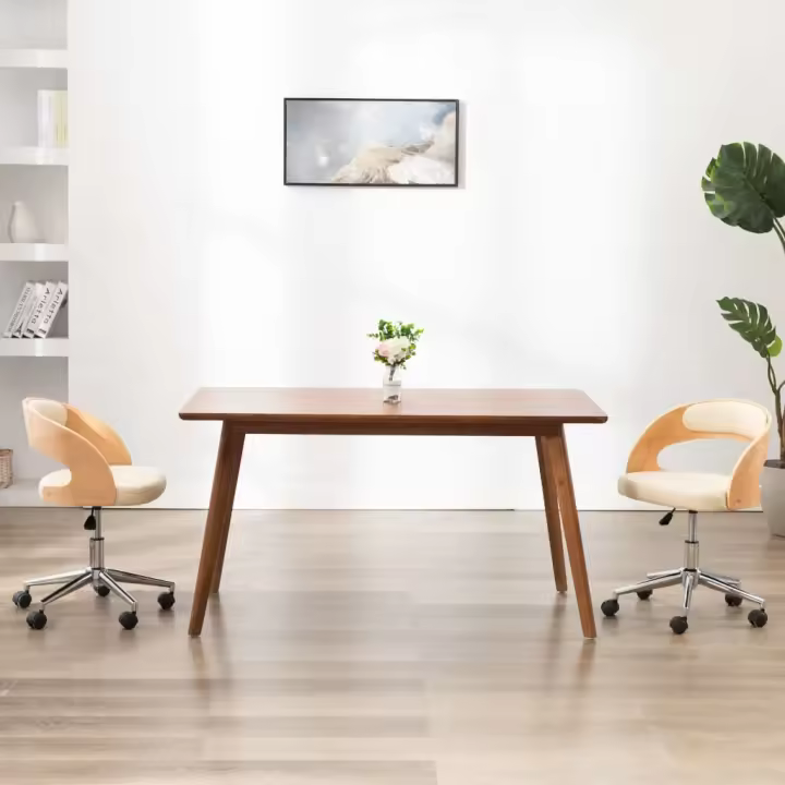 vidaXL Silla de oficina giratoria madera curvada cuero sintético crema - 1