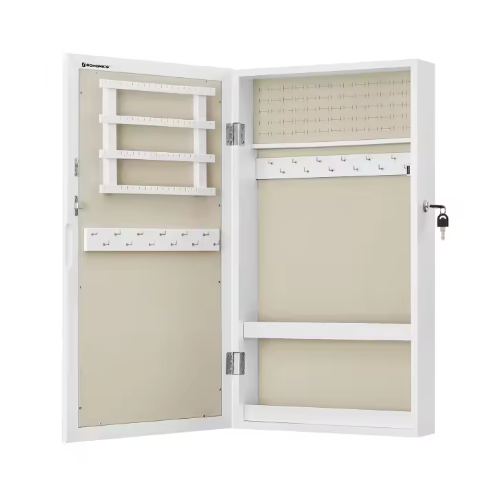 SONGMICS Armario Joyero de Pared, Armario de Joyas con Espejo, Organizador de Joyas para Ahorrar Espacio, Superficie Blanca y Forro Greige/Negro/Superficie Marrón Rústico y Forro Negro - 1