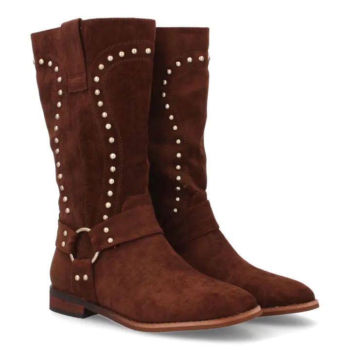 Botas planas estilo motero tachuelas de mujer color marron S-5530 - 1