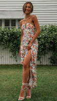 Vestido Maxi Bohemio De Verano Para Mujer En Chiffon Floral Sin Mangas Cuello En V A-Line Largo Con Espalda Descubierta Y Volante - details 18