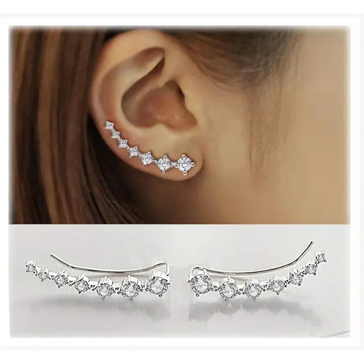 Pendientes de aro con 7 cristales y forma de puño para la oreja, de plata de ley S925, hipoalergénicos - 1