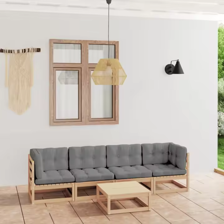 vidaXL Juego de muebles de jardín 5 pzas y cojines madera pino maciza - 1