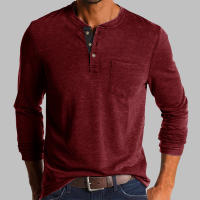 Camiseta De Hombre Elegante De Moda Primavera/Otoño Con Botones Collar Abierto Parcial Solido Con Bolsillo Manga Larga Top Para Comercio - details 3