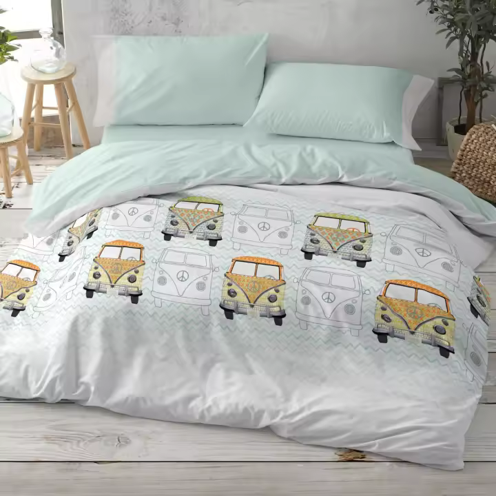 Juego de funda nórdica 50% Algodón- 50% poliéster. Disponible en cama de 90, 105, 135 y 150-160cm. Color Menta y piedra. No es necesario planchar. - 1
