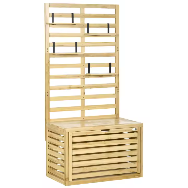 Outsunny Caja de almacenamiento , Cofre de almacenamiento con ala de enrejado, Caja de cojín con estantes, Cofre de jardín, Caja de cojín, Madera maciza, Natural, 80 x 45 x 160 cm - 1