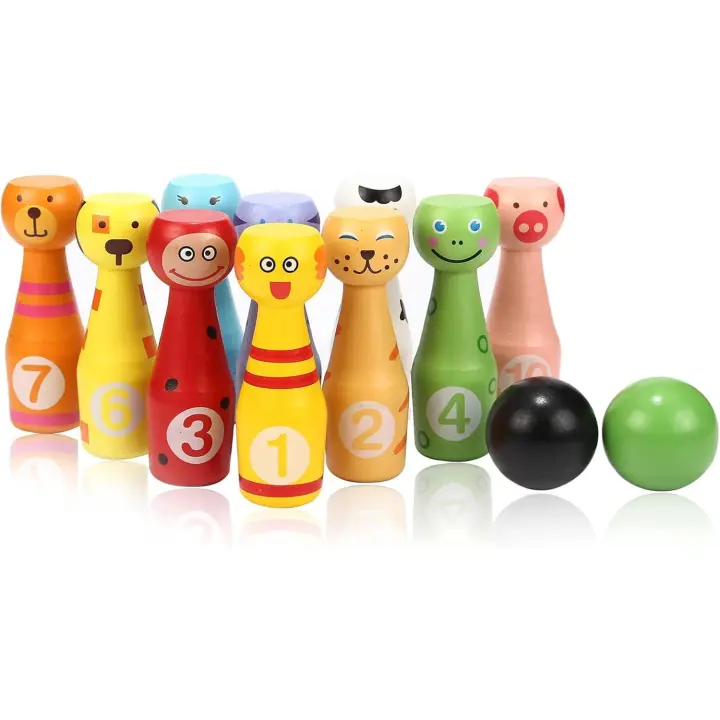 Juego de bolos de madera, juguetes de bolos con 10 bolos de animales y 2 bolas, juguete educativo de regalo para niños de 2, 3, 4, 5 años en adelante - 1