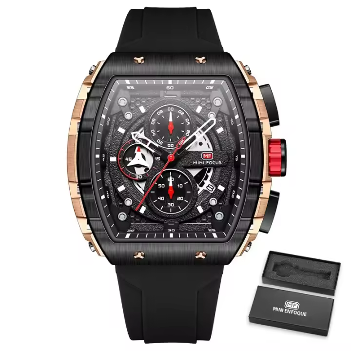 Reloj De Cuarzo MINI FOCUS Para Hombres Con Dial Tonneau Deportivo Y Correa De Silicona Naranja Cronógrafo Resistente Al Agua Con Manos Luminosas Fecha Automática - 1
