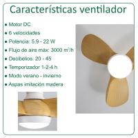VZLED - Ventilador de techo 58 cm 23" con luz led regulable y control remoto - Motor DC silencioso, 6 velocidades, giro reversible, color blanco e imitación madera - details 0