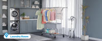 Perchero con ruedas de alta resistencia, doble barra para ropa, soporta hasta 283 kg, diseño industrial, perchero con estante y cesta para la ropa, longitud y altura extensibles - details 1
