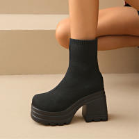 Botas De Mujer Lightweight Casual Con Plataforma Y Tacón Chunky Block Moda Invierno Calf High Sock Botas Material Elástico - details 7