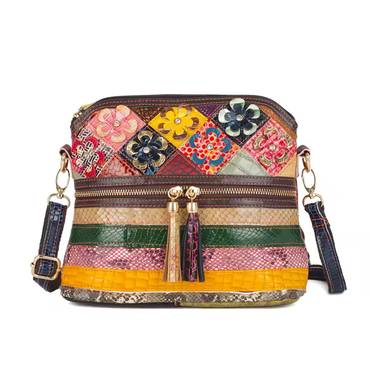 Bolso De Hombro Para Mujer De Cuero Genuino Con Estampado De Serpiente Y Mosaico Floral Colorido Bolso De Moda Casual De Medio Luna - 1
