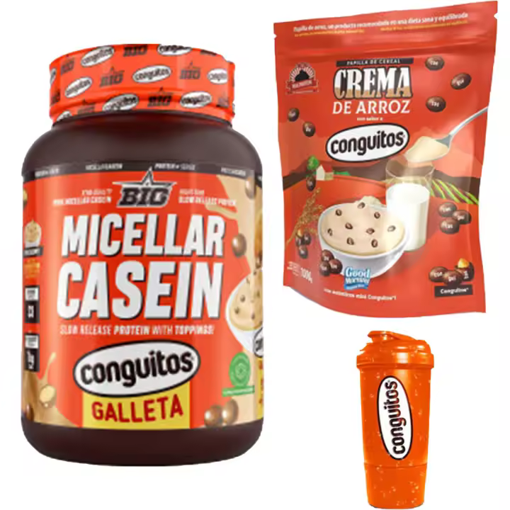 Pack Conguitos galleta,recuperación Completa:Caseína Micelar 1kg, Crema de Arroz 1 kg y Shaker 500ml - 1