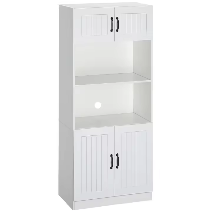 HOMCOM Mueble de Cocina, Buffet de Cocina, Mueble Alto con 2 Baldas y 2 Armarios, Mueble de Comedor con Baldas Regulables, Estante para Microondas, Correa Antivuelco, Estilo Casa de Campo, Blanco - 1