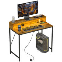 HOMCOM Escritorio Industrial Mesa Escritorio con Luces LED Tomas de Corriente Soporte para Monitor y Control Remoto Mesa de Ordenador para Oficina Estudio 100x50x90,5 cm Marrón Rústico - details 0