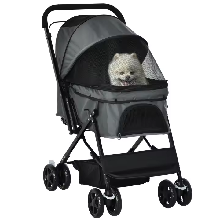 PawHut Cochecito para Mascotas Plegable Carrito para Perros Gatos con Toldo Ajustable Cesta de Almacenaje Correas de Seguridad y Frenos Tela Oxford 600D Acero 76,5x52x95 cm - 1