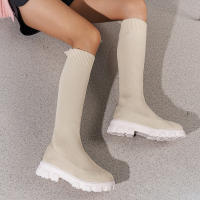 Botas Largas Tejidas Para Mujer Con Suela Gruesa Moda Calcetines Elásticos Tobilleras Cuadrado Bajo Tacones Botas De Mujer 2024 - details 2