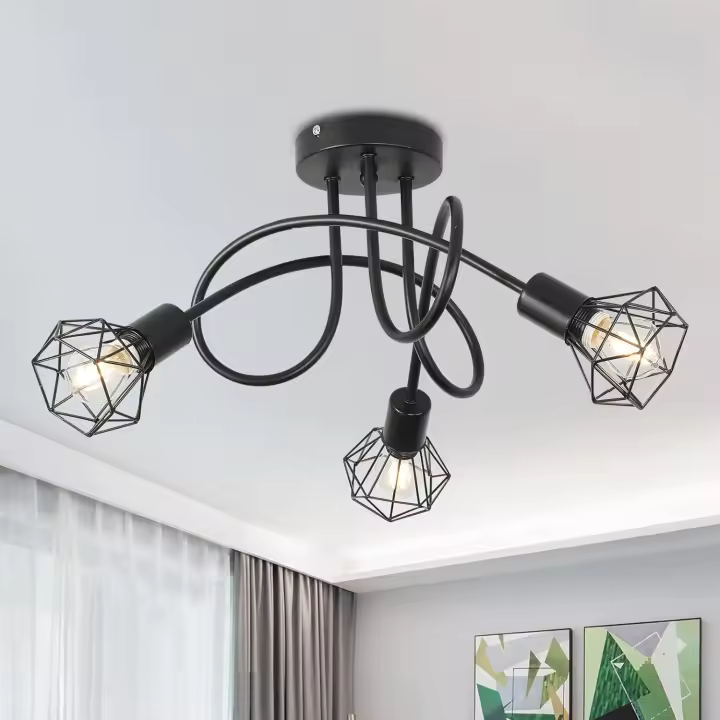 Lámpara de techo industrial de 3 luces, semiempotrada, base E14, con jaula de metal negro (bombillas no incluidas). - 1