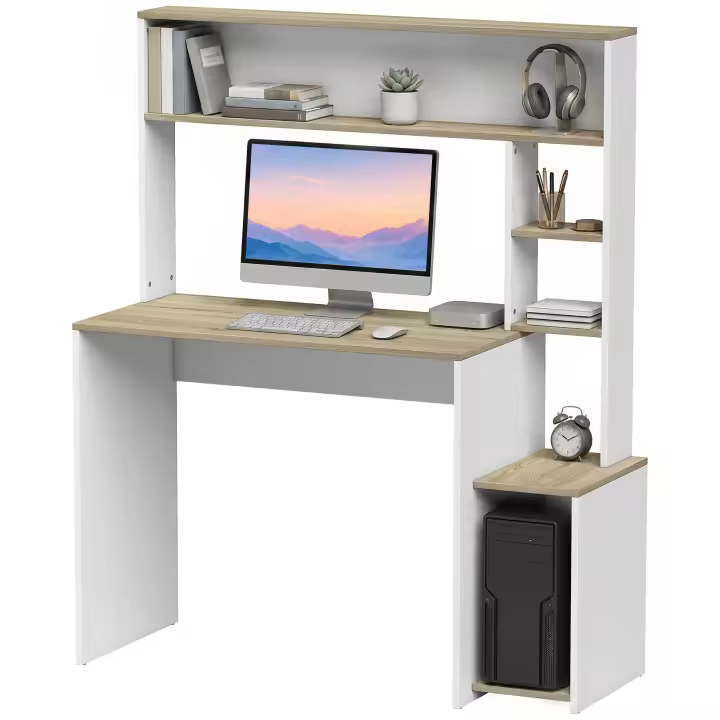 HOMCOM Mesa de Escritorio con Estanterías Mesa de Ordenador Moderna con Estantes Soporte para Monitor CPU de Oficina Estudio 114x45x138 cm Blanco y Natural - 1