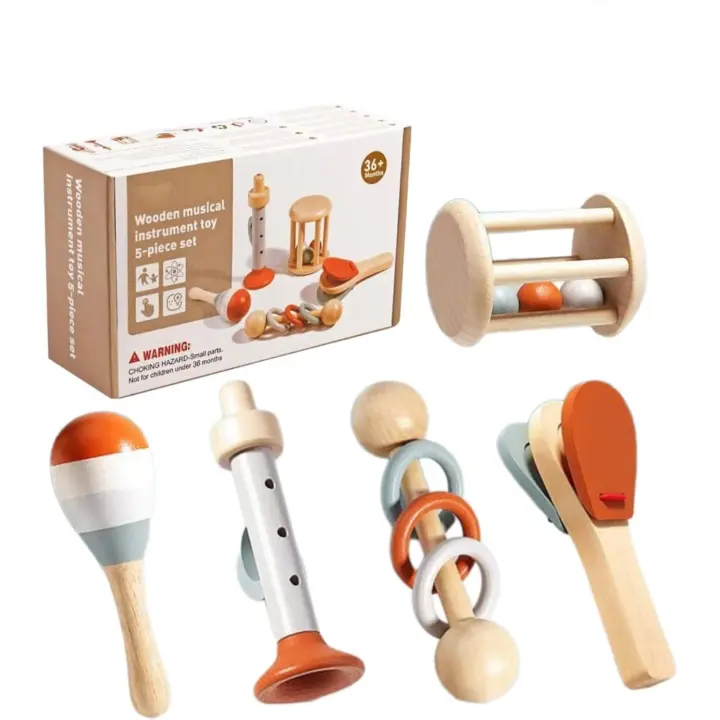 5 piezas Montessori de Juguetes with Sonido para niños Pequeños con maracas, Campana de mano, sonajero de Tambor, Trompeta, castañuela, instrument musical - 1