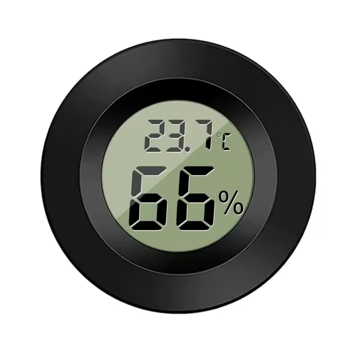 Medidor digital de temperatura y humedad de forma redonda negra para interiores, higrómetro, pantalla LCD, grados Celsius °C para humidificadores, invernadero - 1