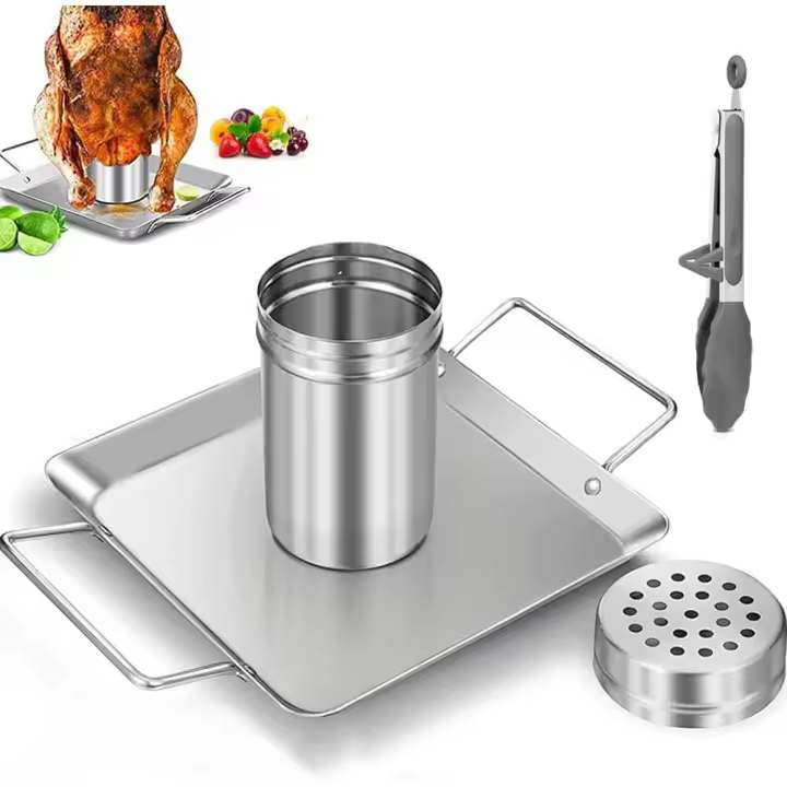 Rejilla para asar Pollos en late de cerveza para barbacoa, rejilla para asar Pollos en late de cerveza vertical para barbacoa o ahumador de Maple inoxidable con bandeja de Goteo - 1