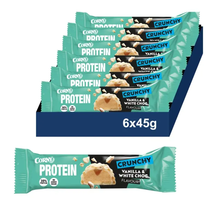 CORNY Protein Crunchy Barritas 30% Proteína Chocolate Blanco y Vainilla. Sin Azúcares Añadidos. Pack 6x45gr - 1