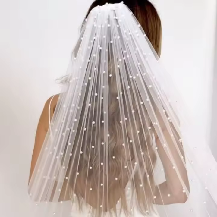 Velo De Novia De Tules Con Perlas Sencillas Y Encaje Sofisticado Para Bodas De Largo Catedral Con Peine Accesorios De Boda Para Mujeres - 1