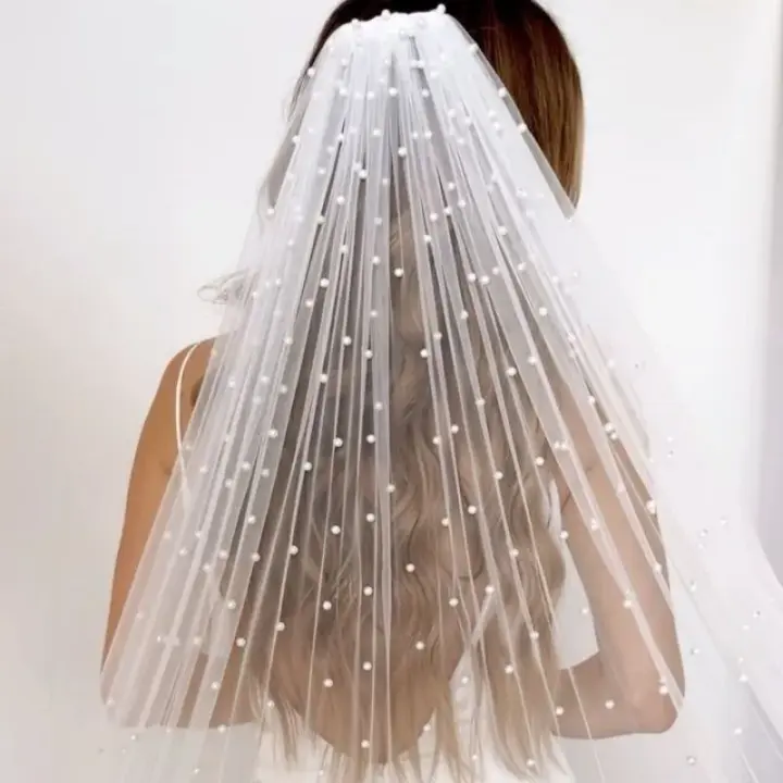 Velo De Novia De Tules Con Perlas Sencillas Y Encaje Sofisticado Para Bodas De Largo Catedral Con Peine Accesorios De Boda Para Mujeres - 1