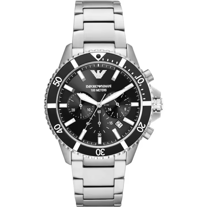 Emporio Armani Reloj hombre AR11360 Cronógrafo de Cuarzo, Esfera Negra, Correa de Acero Plateada, Con fecha, Resistente al agua 5 ATM,Diámetro: 43MM - 1