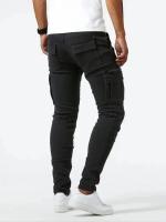 Pantalones De Mezclilla Ajustados Para Hombre Estilo Calleje Con Múltiples Bolsillos Y Cierre De Cremallera Jeans De Color Sólido Casual Para Uso Diario - details 7