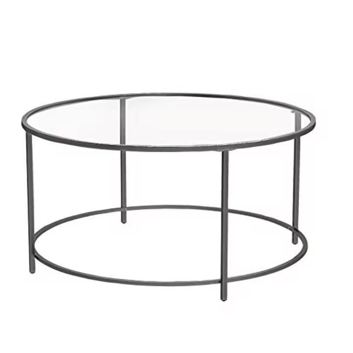 Mesa de centro redonda de cristal y acero, elegante para salón y café, disponible en negro o blanco perla, diámetro 84 cm - 1